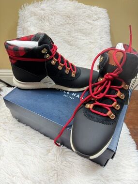 Cole Haan Women’s ZeroGrand Hiker Bootie 8.5 Black with Red Lace & Plaid Collar